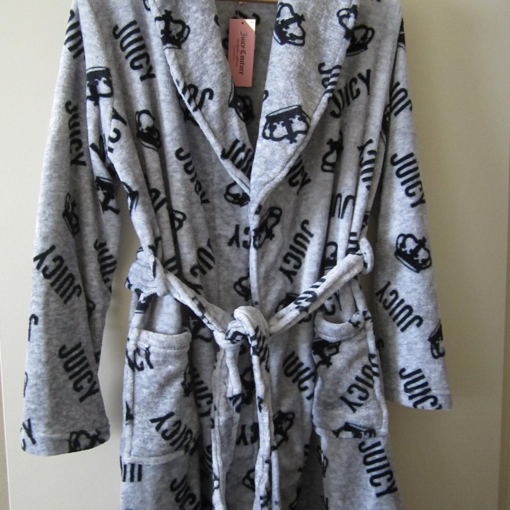 Juicy Couture Bathrobe Robe Women Grey Black Crown Sleepwear Crown S/M or L/XL